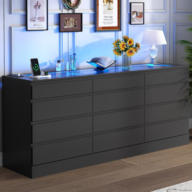 12 Drawer Dresser with Glass Top, Black