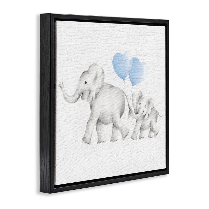 Famille d'éléphants avec des ballons, H 18 po x l 18 po, Cadre flottant noir de jais