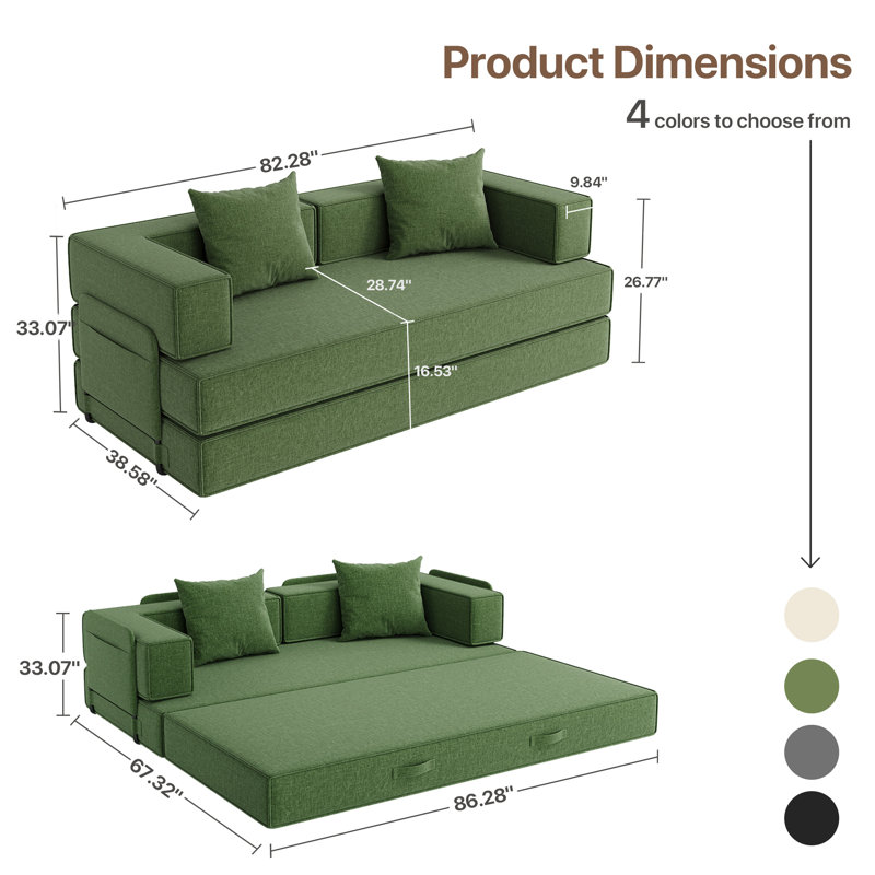Canapé-lit pliable 83 po - Canapé-lit convertible avec 2 coussins amovibles, Vert