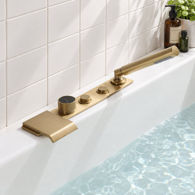 Robinet de baignoire à fixation sur le comptoir, robinet de baignoire avec bec cascade et douche à main, robinet de baignoire autoportant à boutons multiples avec inverseur