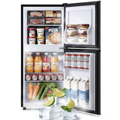DEMULLER Refrigerator with Freezer, Apartment Size Fridge with Bottom Freezer, LED Light, Large Capacity, Energy Saving, Adjustable Thermostat & Shelves, Low Noise, 3.8 Cu.Ft, Silver
