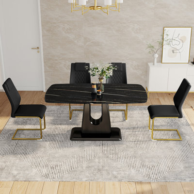 Table And Chair Set, Minimalist Dining Table, Imitation Marble Patterned Glass Tabletop, MDF Legs With U-Shaped Brackets. Paired With Comfortable Chairs, Suitable For Dining And Living Rooms.