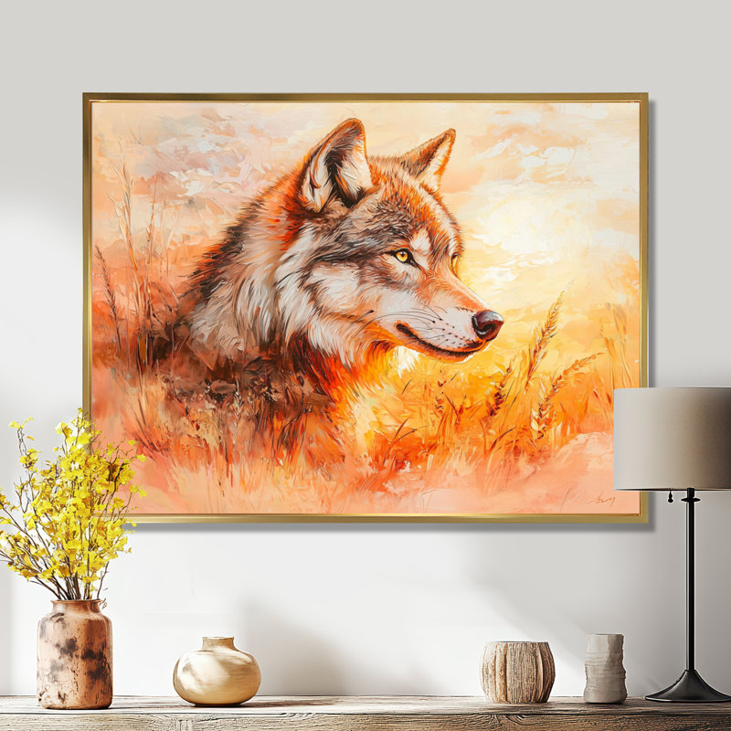 Portrait de loup au coucher du soleil II - reproduction d'art loup, H 12 po x l 20 po, Doré