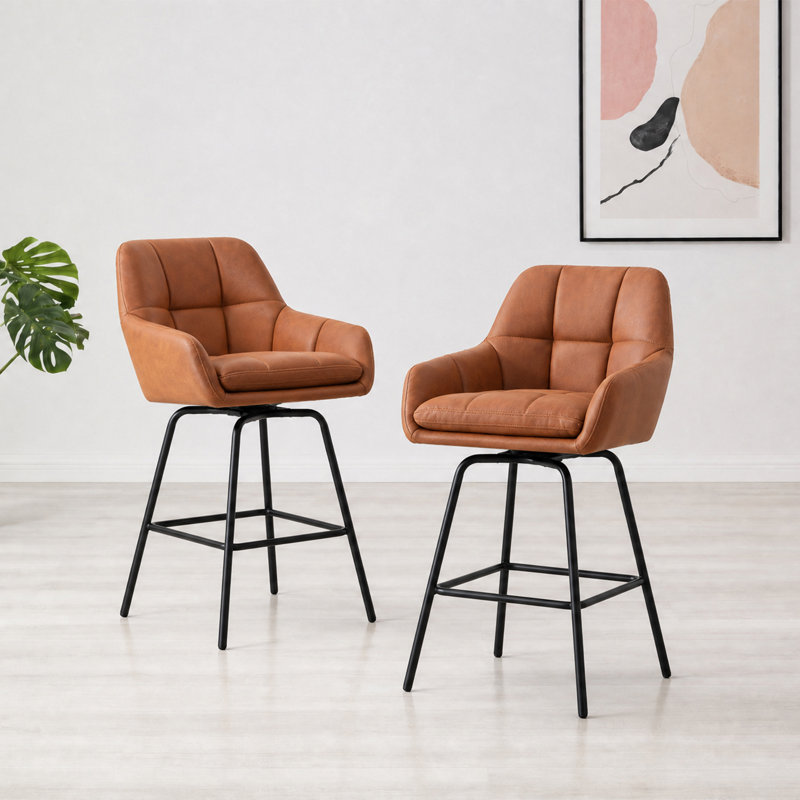 Balwant Upholstered Swivel Height Bar Stool with Metal Legs, Brown