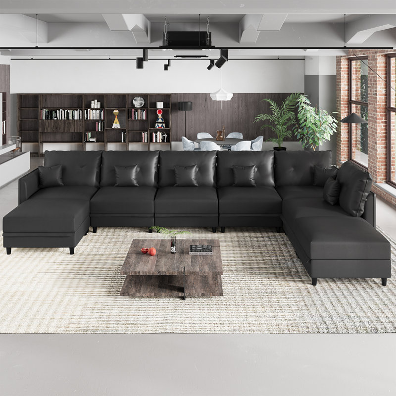 Tomario Upholstered L-Shaped Sectional Reversible, Black Faux Leather