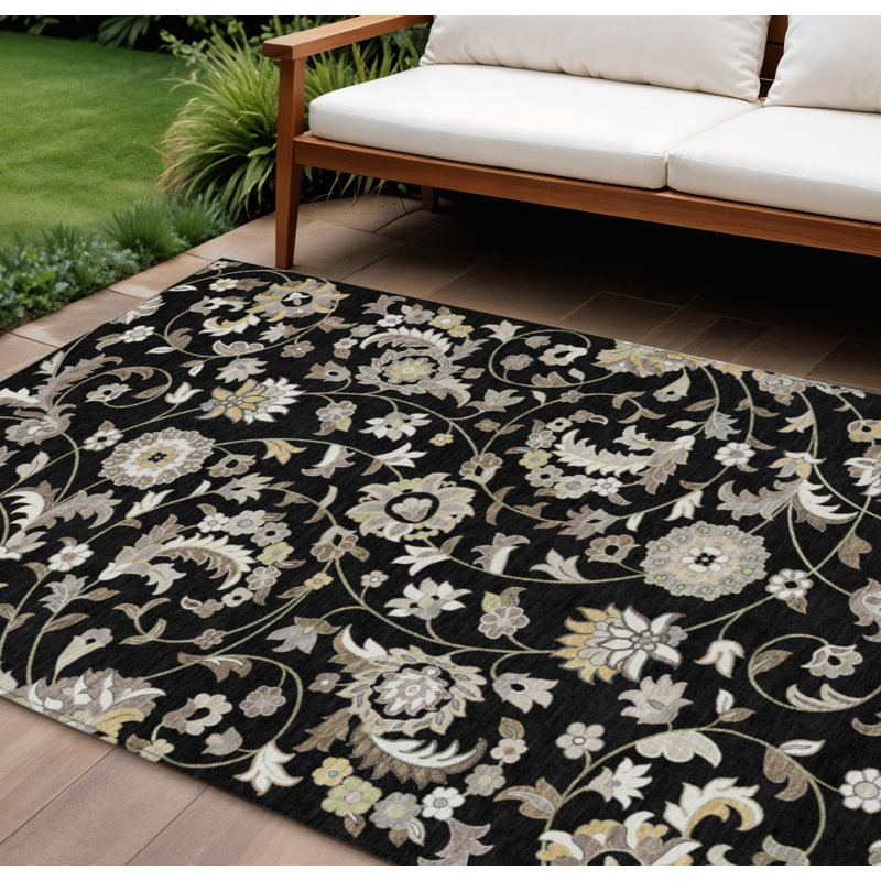Tapis extérieur lavable floral beige et ivoire 10 pi x 14 pi noir