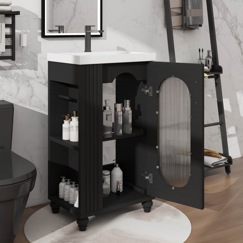 Modern 20 Inch Bathroom Vanity Cabinet With Ceramic Basin Glass Door And Customizable Shelf, Black