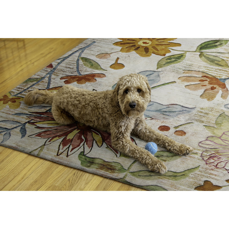 Elling Floral Ivory and Multi Indoor Outdoor Machine Washable Area Rug, Rectangle 5' x 7'