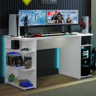 Gaiana Large Modern Gaming Computer Desk 53 Inch with 5 Shelves Cable Management Student Study Wooden Table Home Office Gamer Desk for Kids and Adults