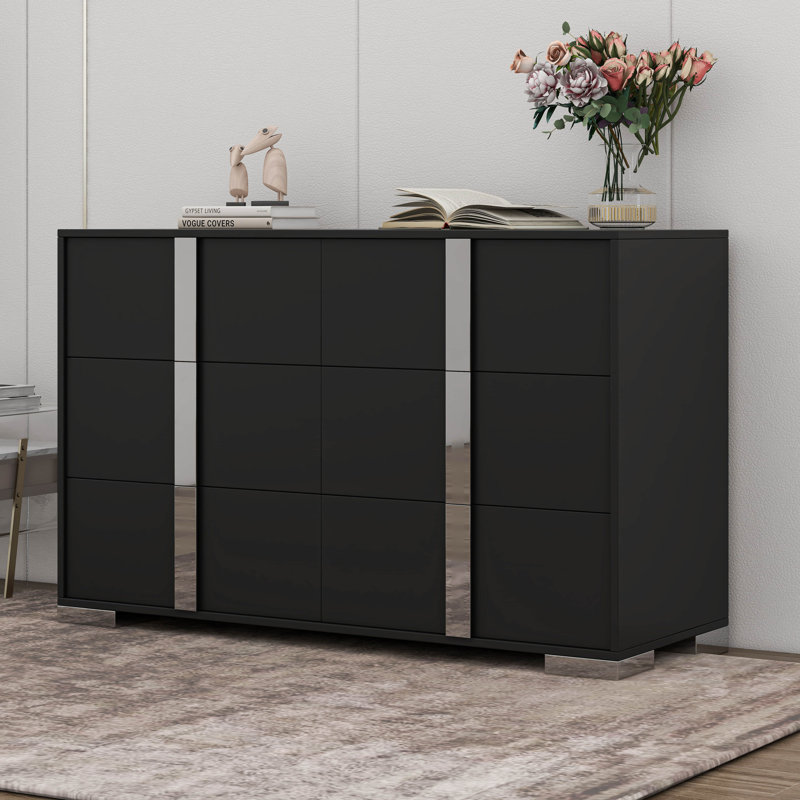 Commode élégante avec pieds en métal et armoire de rangement à miroir avec 6 tiroirs, Noir