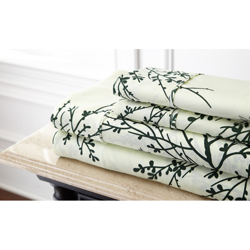 Foliage Microfiber Floral Sheet Set, Twin Sheet Set with Fitted Sheet and 1 Pillowcase, Ivory/Purple