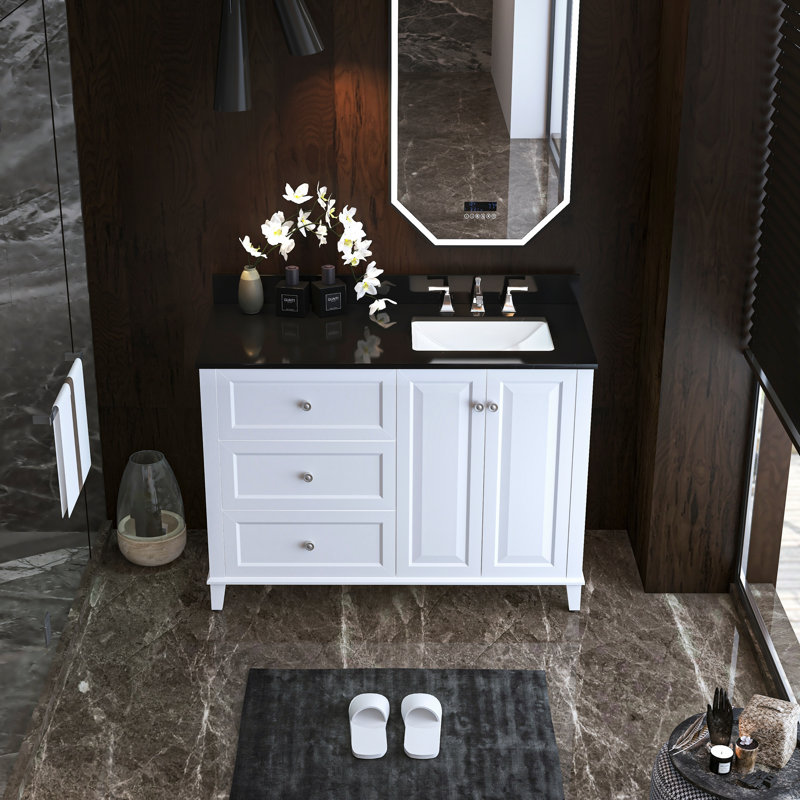 Hannah 48'' Single Bathroom Vanity with Quartz Top, Black, White/Brushed Nickel, Right