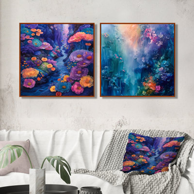 «Blue Coral Sea Floor Symphony III» - art mural corail - ensemble de 2 décorations murales modernes