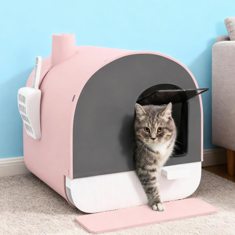 Bac à litière rose avec couvercle et bac à litière pour petits félins, plateau amovible, nettoyage rapide, filtre désodorisant pour garder la maison fraîche, tapis d'entrée, conception en plastique pour une utilisation durable,
