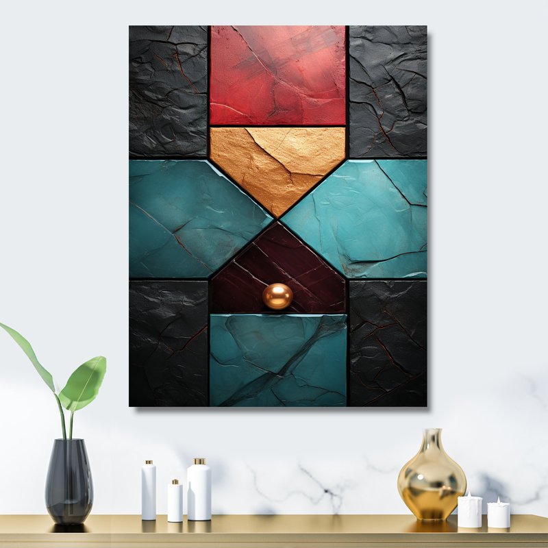 Carreaux de chevron bleu et rouge Elegance I - art mural abstrait en métal, H 20 po x l 12 po x P 1 po