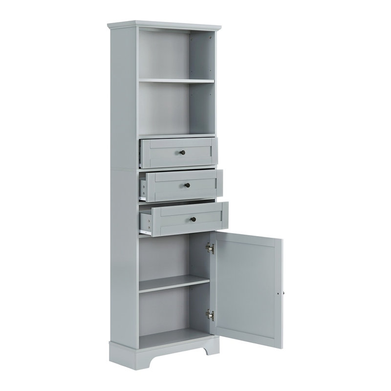 Armoire de salle de bain autoportante Anegada, armoire de rangement haute avec 3 tiroirs et tablettes réglables, Gris pâle 1