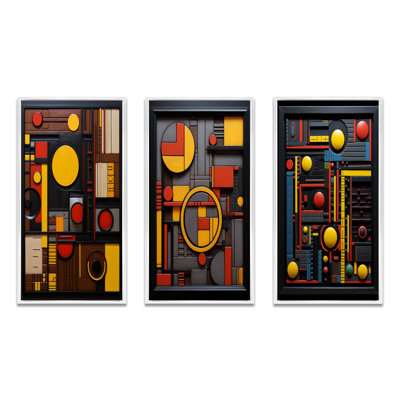 "Géométrie rétro en jaune et rouge", 3 pièces sur toile