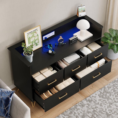 Commode 5 pièces en bois avec éclairage intégré et Power Hub, organisateur moderne de rangement de vêtements pour chambre d'enfant