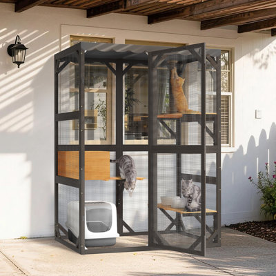 Enclos extérieur pour chat Catio, grande cage en bois avec plateformes et petites niches - Noir, 130 cm (L) x 91 cm (P) x 176 cm (H)