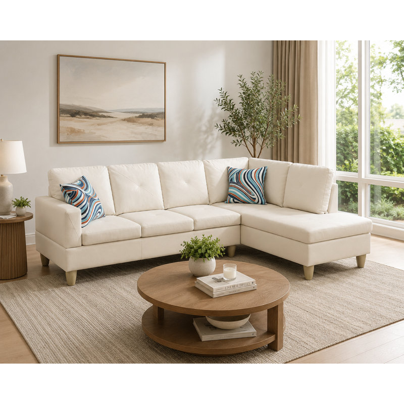 Tamez Faux Leather L-Shaped Sectional, Off White Faux Leather, Right Hand Facing