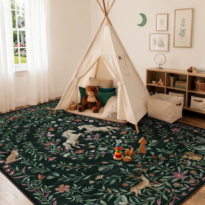 Goldene Machine Washable Animal Floral Green Area Rugs For Kid Room Living Room Bedroom Non Slip Soft Low Pile Unicorn Vintage Carpet