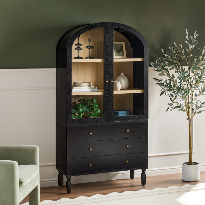 Holzhauer Modern Arched Glass Bookcase With Drawers, Black