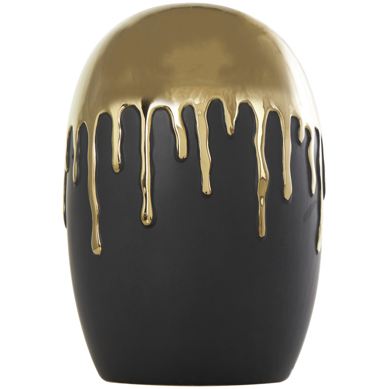 Patrich Ceramic Abstract Decorative Vase with Abstract Gold Melting Drips, 13.1" H x 9.2" W x 9.4" D, Gold/Black