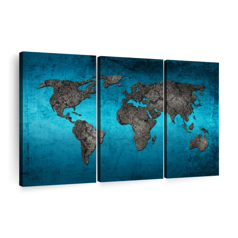 Carte du monde océanique sur toile, ensemble de 3 pièces, H 38 po x l 24 po x P 1,25 po