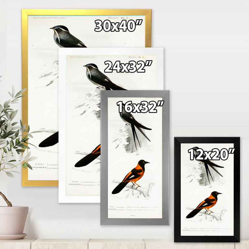 Oiseau rétro II - peinture sur toile, H 32 po x l 16 po x P 1 po, Cadre doré