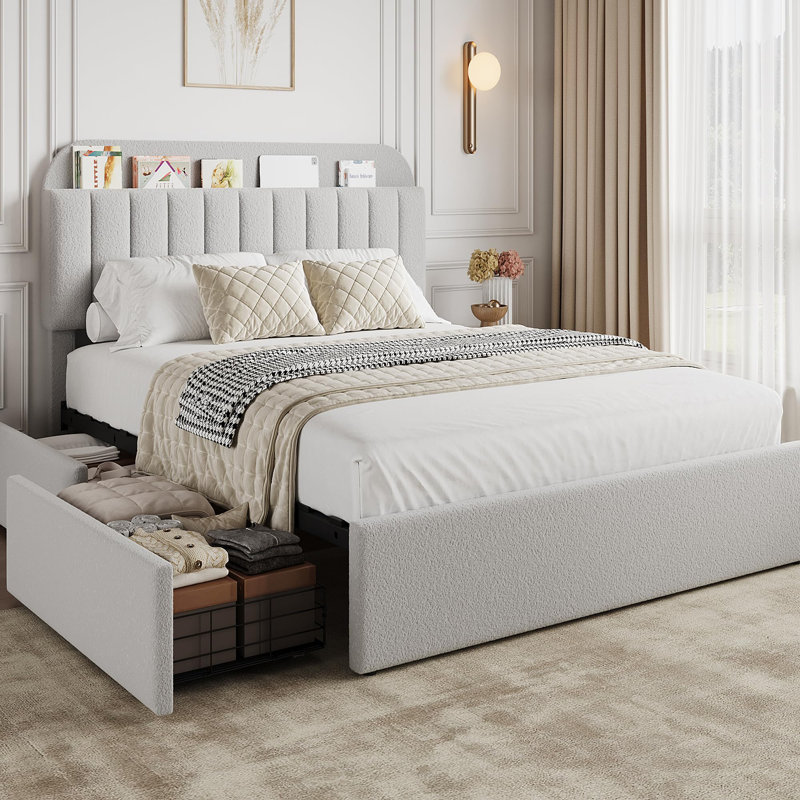 Cadre de lit avec tête de lit avec rangement, cadre de lit avec 2 tiroirs, gris, Double