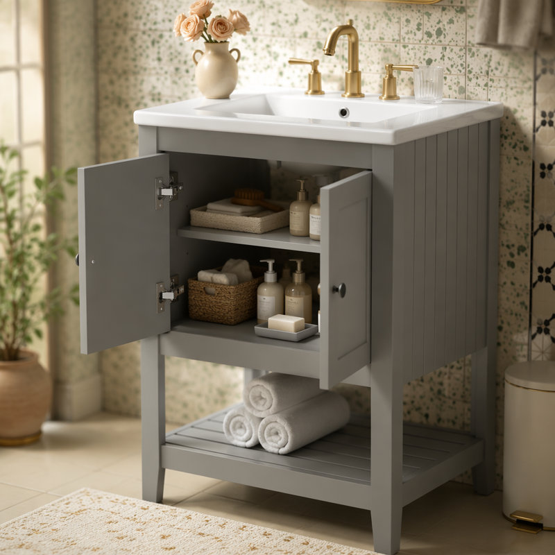 Lavabo de salle de bain moderne élégant en céramique 24 po avec tablette ouverte en bois massif