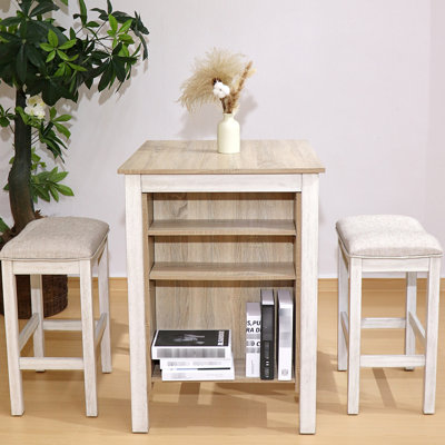 3 pièces pour le comptoir et la salle à manger convenant aux petits espaces Design rétro moderne en bois massif + fabrication rustique blanc - fini délavé avec rangement intégré, tabourets confortables et solution compacte en chêne américain