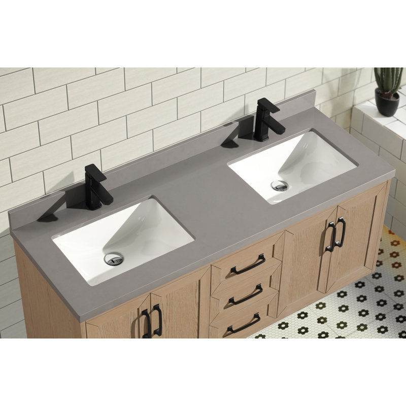 Venice 55" Oak Gray Double Sink Wall-Mount Vanity with Quartz Top