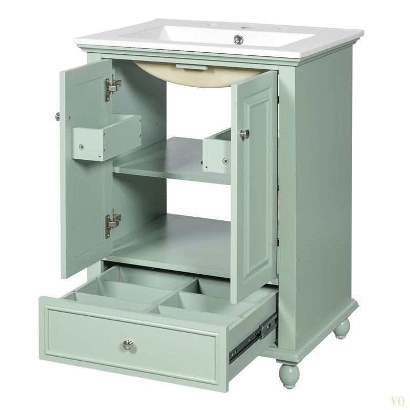 Meuble-lavabo de 24 po avec lavabo en céramique, armoire de rangement avec portes à fermeture douce, armoire de salle de bain avec tiroir et séparateurs de tiroir