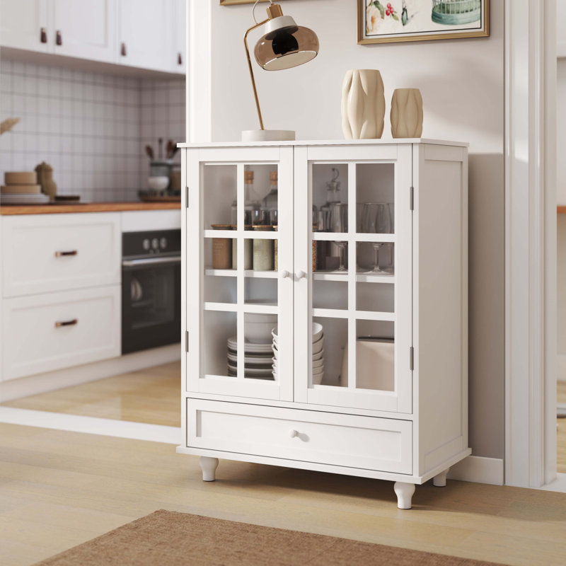 Buffet minimaliste blanc avec portes doubles en verre et tiroir, armoire de rangement moderne en bois pour le salon, Blanc
