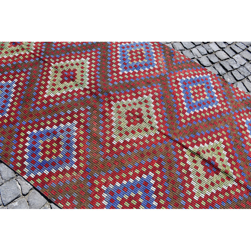 Tapis turc Oushak fabriqué à la main avec motifs rouge vif, inclus brun / rouge
