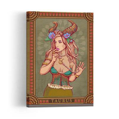 Taurus Zodiac Goddess Elegant Mystical Vintage Portrait Flower Wall Art Print 1 Piece Wrapped Canvas Wall Art