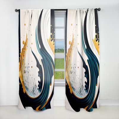 Blue And Gold Modern Art Abstract Painting VI - Abstract Room Darkening Curtain - 1 Panels