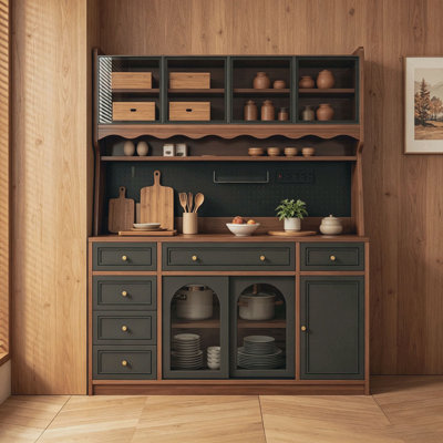 Freestanding 63'' W Buffet Storage Cabinet with Hutch,Large Coffee Bar with 6 Drawers,4 Cabinets with Adjustable Shelves,Pegboard, Power Outlet
