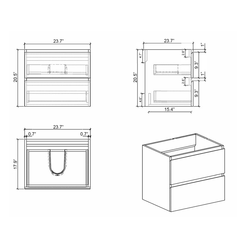 Meuble-lavabo mural de couleur noyer - 24w-105, 2 tiroirs, préassemblé, silencieux, au style élégant et attrayant
