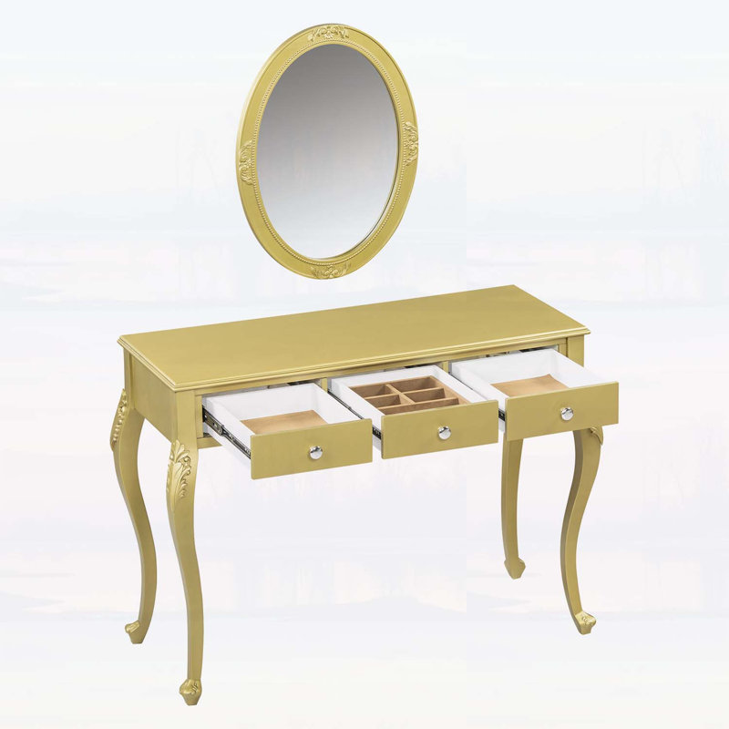 Meuble-lavabo de luxe avec miroir ovale, coiffeuse à 3 tiroirs pour bijoux, console élégante pour la décoration intérieure, doré