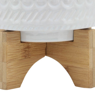 5" TRIBAL PLANTER W/ WOOD STAND, WHITE