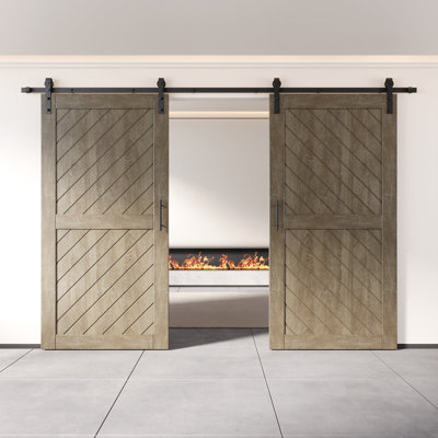 Homacer Classic Grey Unassembled & Finished Slanted Stripe Design Two Barn Door with Non-Bypass Installation Hardware Kit, 11ft track, interior use only