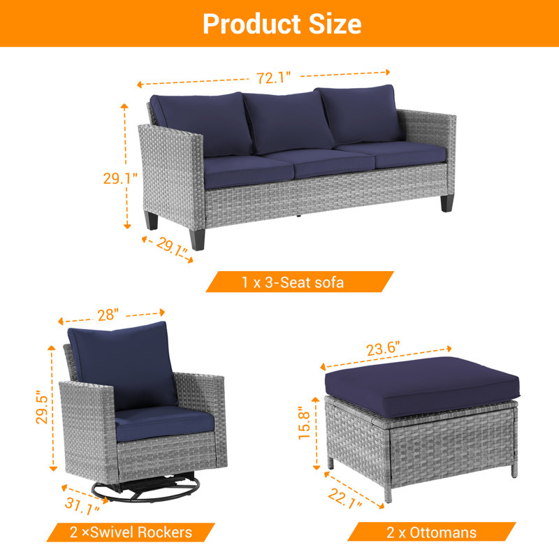 5 - Person Wicker Swivel Rocker Chair Outdoor Seating Group with Cushions, Gray, Navy Blue