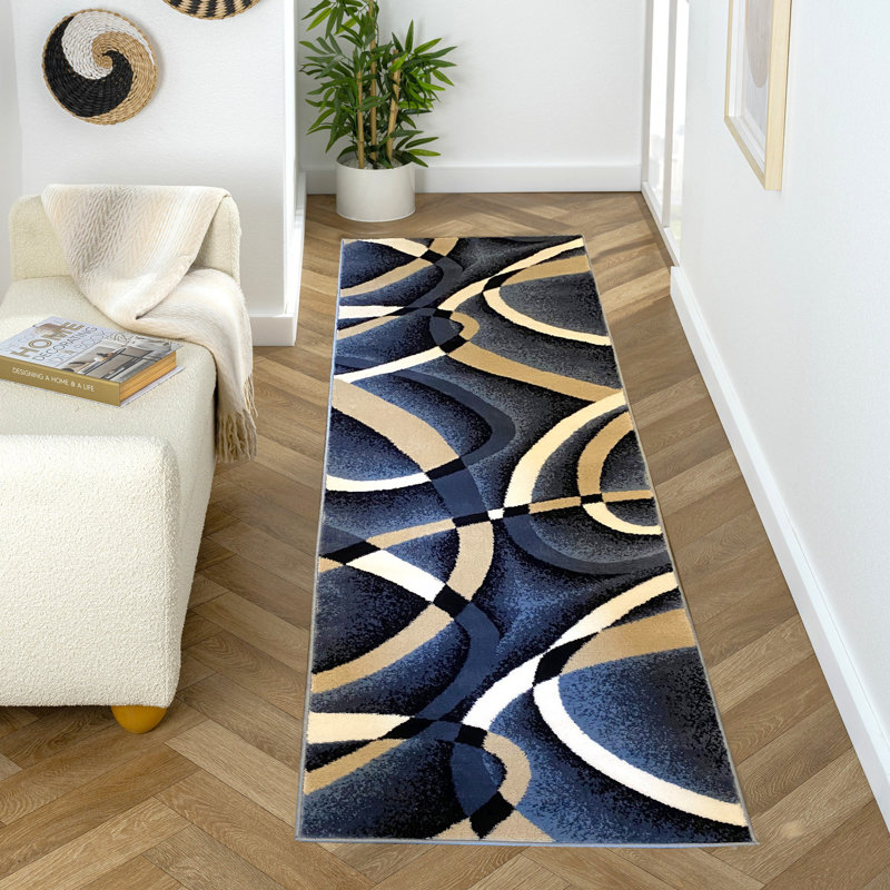 Tapis bleu marine à motif abstrait Catalan, Tapis de couloir 2 pi x 8 pi