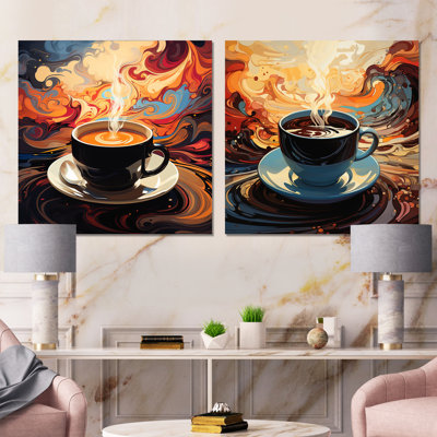 Yellow Steaming Cup Of Coffee I - Coffee Canvas Prints Set Of 2
