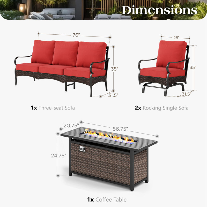 5 - Person Front Porch Furniture Sets With Fire Pit Table & Rocking Lounge Chairs, Red