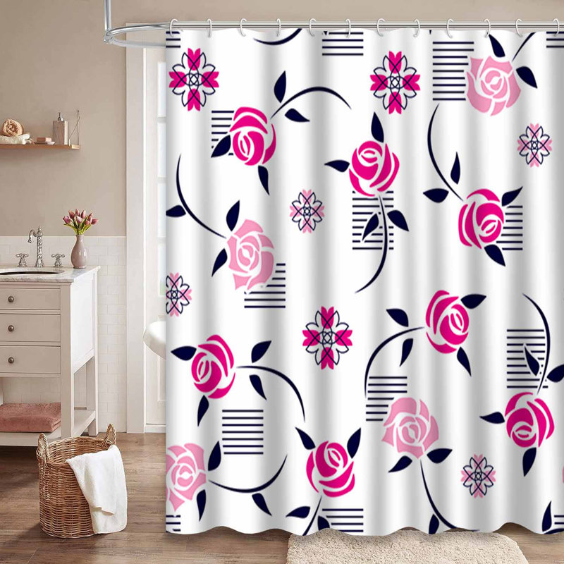Rideau de douche à rayures roses avec 12 crochets, L 72 po x l 72 po