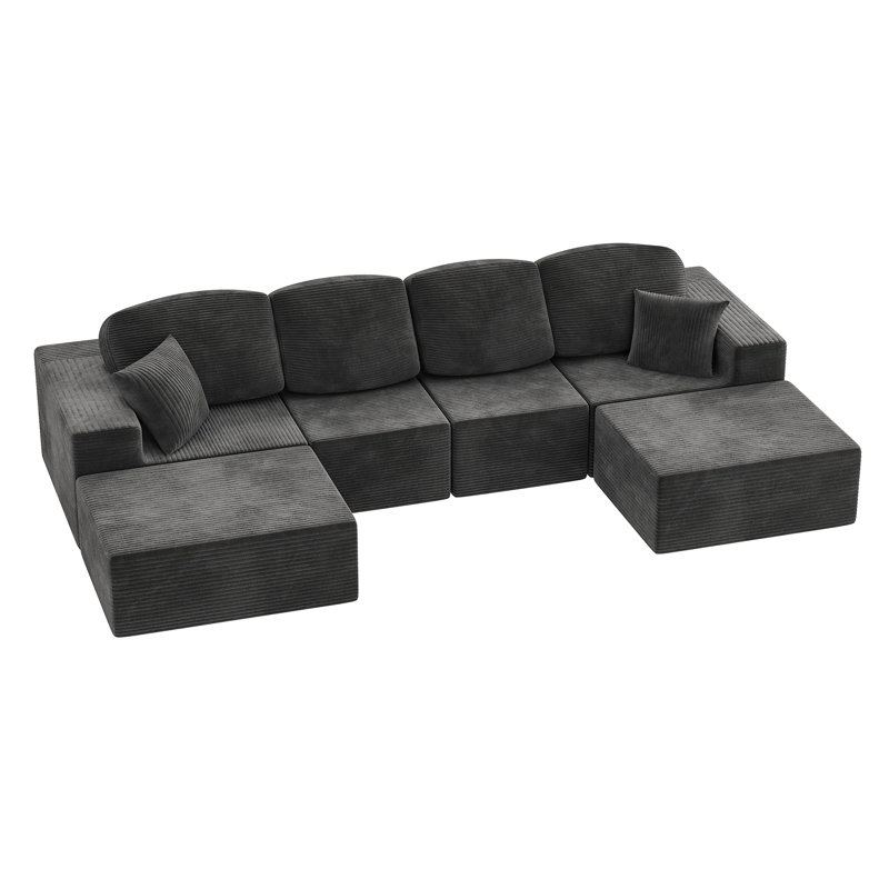 Boneless L-Shaped Modular Sectional Couch, Cloud U-Shaped Compression Sofa with Wide Armrest, Black Corduroy