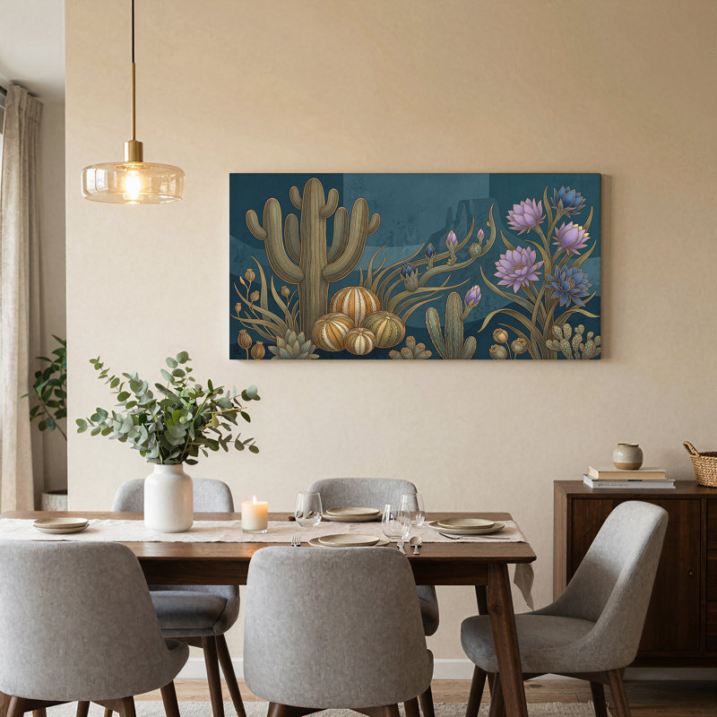 Art mural détaillé sur toile de cactus et fleurs du désert mauve, L 32 po x H 16 po